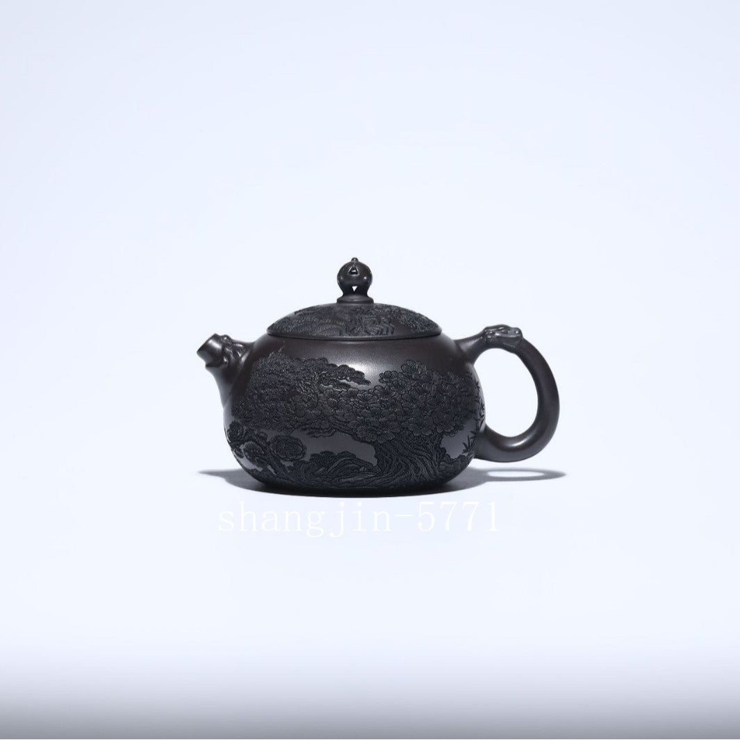 True Yixing Zisha Clay Tea Pot Marked Mountain Carved Handmade Master Pot 300ml