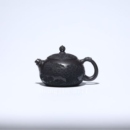 True Yixing Zisha Clay Tea Pot Marked Mountain Carved Handmade Master Pot 300ml