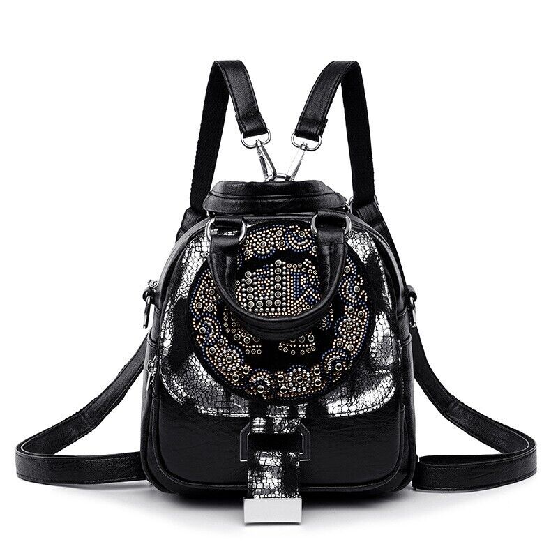 Women's Leather Black Backpack, New Desinger Embroidery Stamping Shoulder Bags