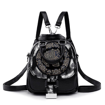 Women's Leather Black Backpack, New Desinger Embroidery Stamping Shoulder Bags