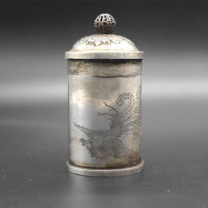 Antique White Copper Silver Plated Dragon Phoenix Box Toothpick Tobacco Storage