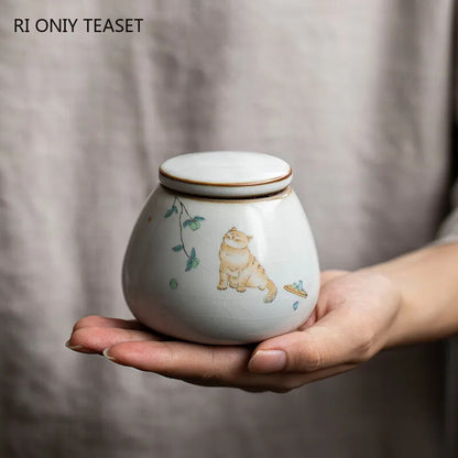 1pc Retro Ru Kiln Ceramics Tea Caddy Cute Cat Pattern Portable Sealed Containers