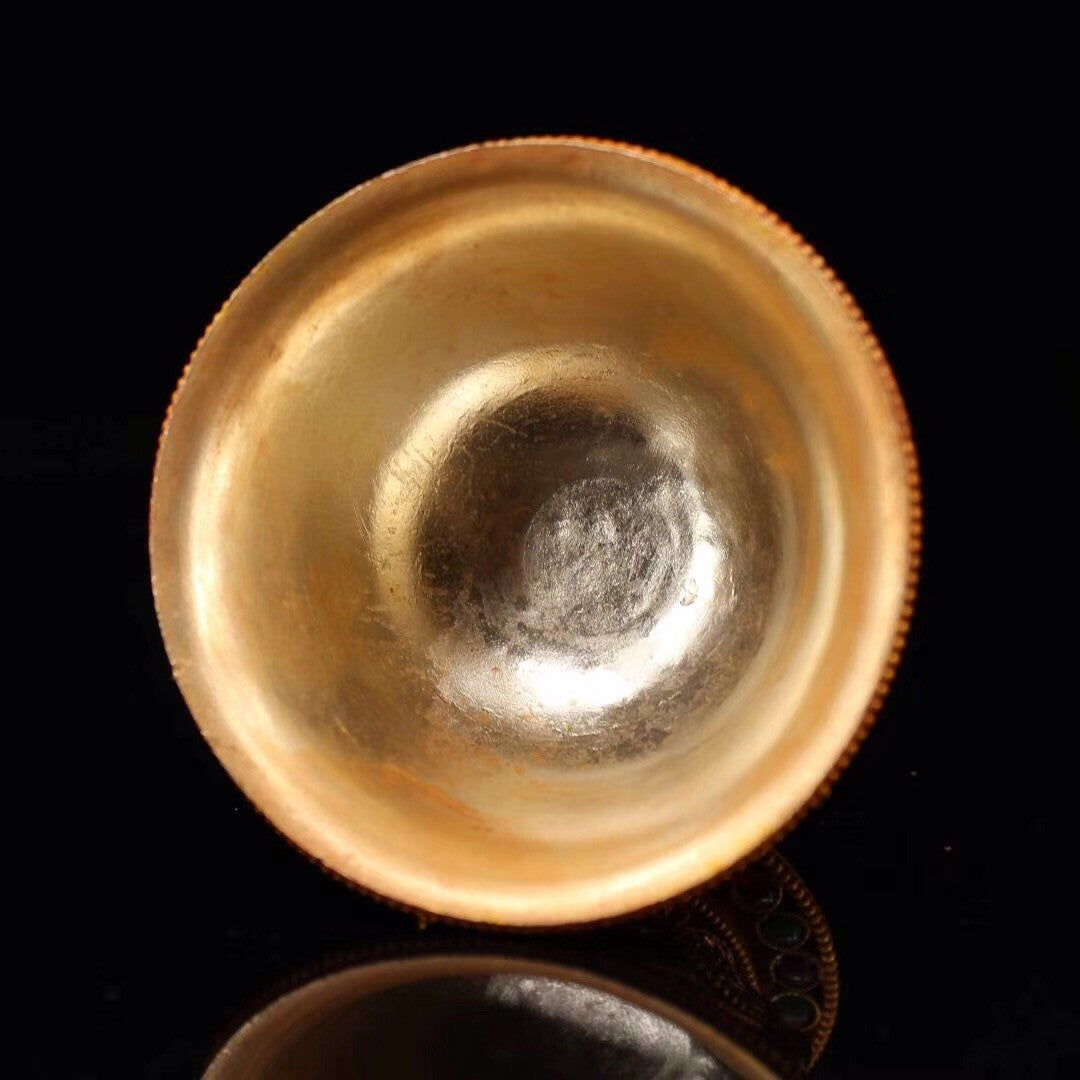 3.3 inch Chinese Tibetan Buddhist Temple Collection Casting Gemstone Collection Silver Cup -