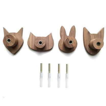4Pcs/Pack Animal Solid Hooks Oak Walnut Wood Keys Holder Hanger Wall Decorations