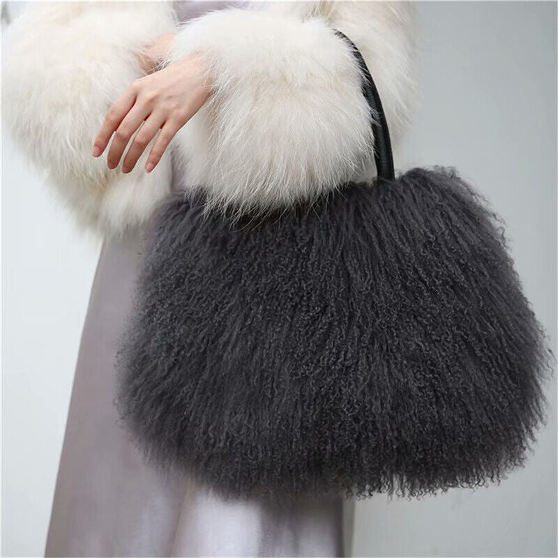 Women Real Mongolian Sheep Fur Handbags Ladies Casual Fluffy Fur Tote Bags