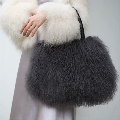 Women Real Mongolian Sheep Fur Handbags Ladies Casual Fluffy Fur Tote Bags