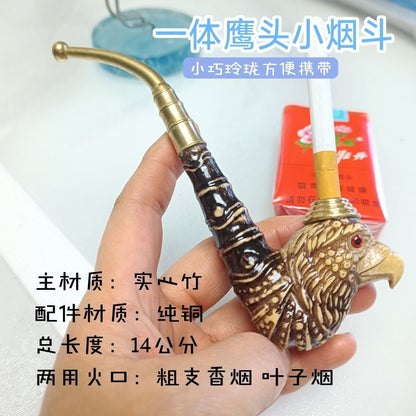 Hand Carved Bamboo Eagle Head Pipe Dual Use 14cm Vintage Collectible Ornament
