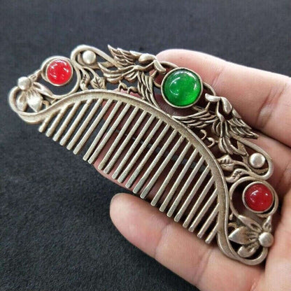 Chinese old Tibet Silver carving Flowers green jade comb