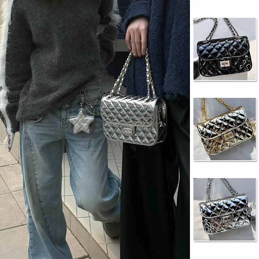 Quilted Patent Leather Small Flap Purse w/ Chain & Star Shoulder Bag Fashion