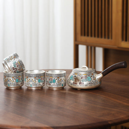 Ceramic Sterling Silver Tea Pot Handle Matching Tea Cup Chinese Kungfu Tea Set