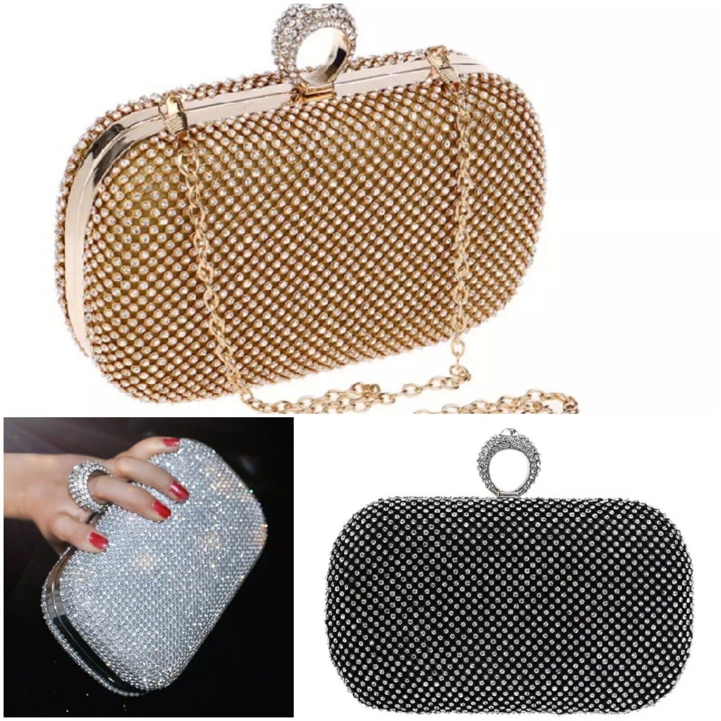 Women Small Evening Clutch Rhinestone Wedding Party Clutch Bag Gold Silver Black