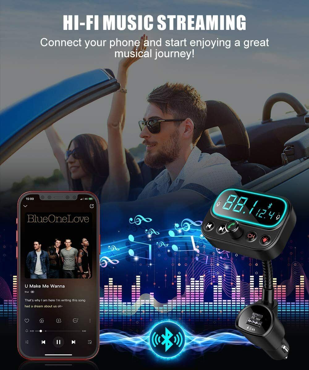 Wireless Bluetooth 5.0 FM Transmitter Radio AUX Adapter USB Car LED Music Player