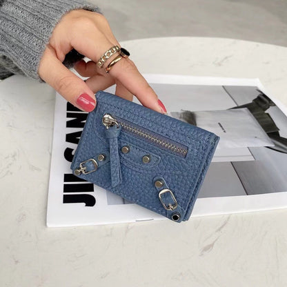 Short Wallets Genuine Leather Trifold Purse Cool Rivet Decorations 9.5*6.5*2.5CM