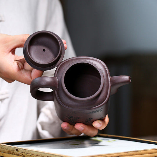 5.7" Chinese Yixing Zisha Pottery Old Purple Clay 380ML Scenery Mesh Teapot 牛盖洋桶