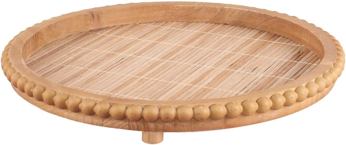 Round Wooden Tray Bamboo Coffee Table Beaded Decorative Home Kitchen Countertop