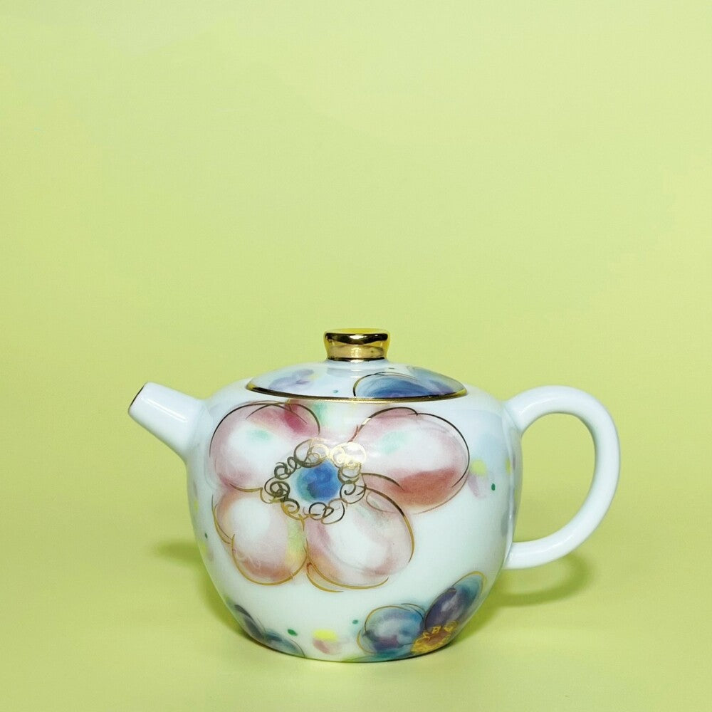 Hand Painted Tea Pot + 2 Matching Tea Cups Thin Glaze Porcelain Pot With Infuser