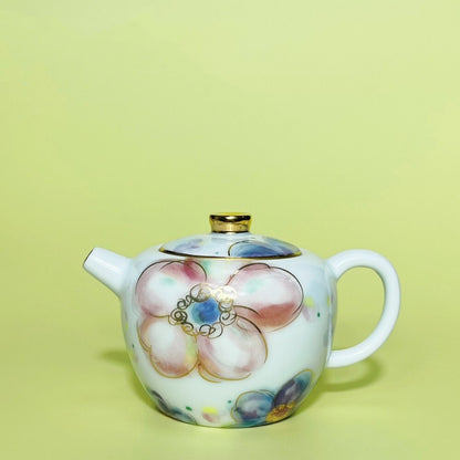 Hand Painted Tea Pot + 2 Matching Tea Cups Thin Glaze Porcelain Pot With Infuser