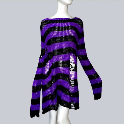 Unisex Sweater Plus Size Punk Long Dress Hollow Hole Broken Jumper Loose Thin