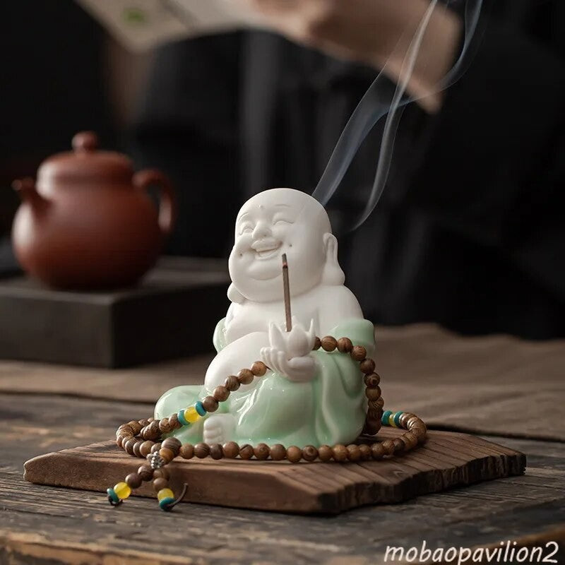 New Creativity Ceramic Maitreya Buddha Statue Home Decor Thread Incense Burner