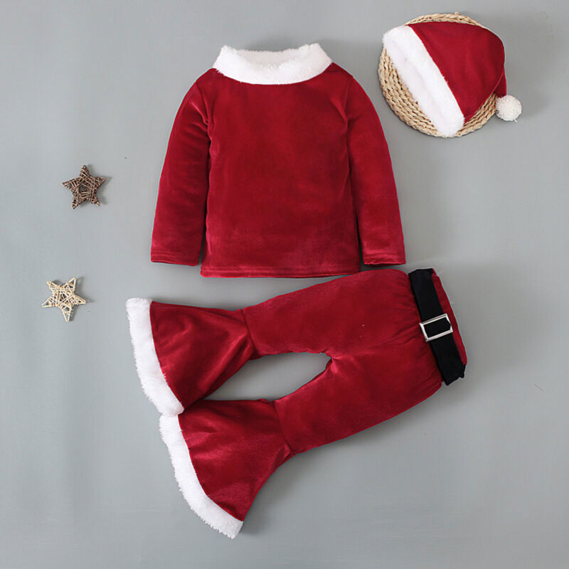 4pcs Baby Kids Girls Christmas Cosplay Pullover Tops Pants Hat Belt Set Outfits