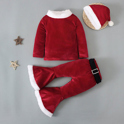 4pcs Baby Kids Girls Christmas Cosplay Pullover Tops Pants Hat Belt Set Outfits