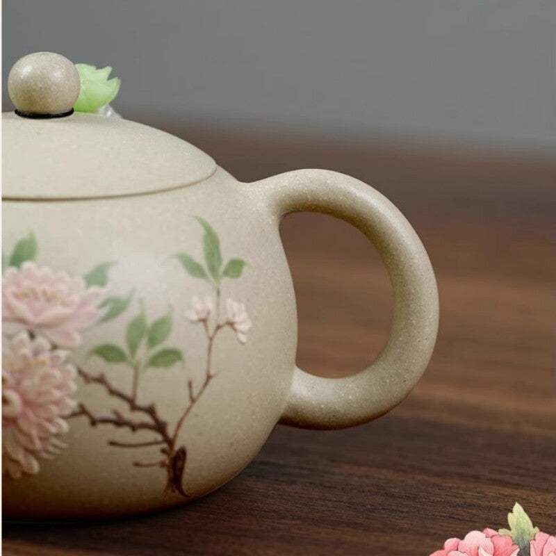 Full Handmade Tea Pot Marked Xishi Pot Peony Relief Carved Real Yixing Zisha New