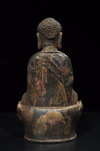 10" Old Antique Tibet Tibetan Buddhism Temple Bronze Gilt Amitabha Buddha Statue