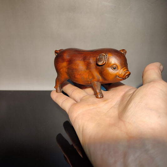 Vintage Carved Wood Wooden Pig Statue Pet Mini-Musk Swine Gift Boxwood Room Art