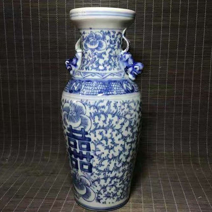 Antique Hand-painted Blue and White Porcelain Double Happiness Double Ear Bottle