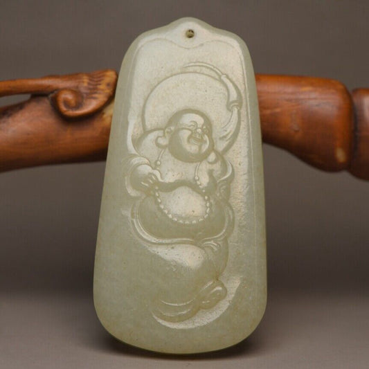 Chinese Natural Hetian Jade Carved Laughing Buddha Statue Good Luck Pendant Rare