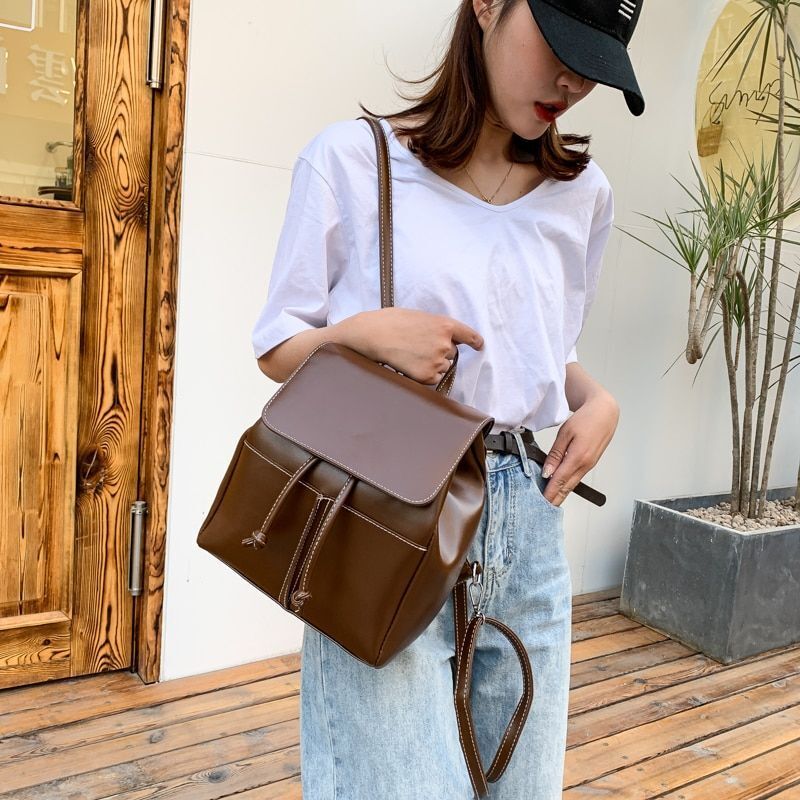 Synthetic Leather Backpack School Bags Drawstring Rucksack 19*27*15 CM Traveling