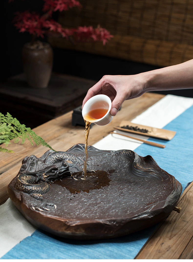 Ceramic Chinese Dragon Tea Tray Round Water Storage Drip Drainage Serving Tray