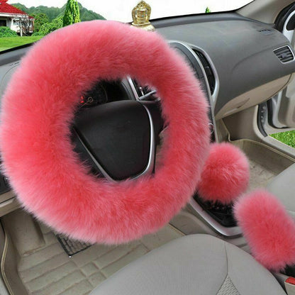 3pc Pink Australia Wool Fuzzy AutoCar Steering Wheel Cover Universal For Winter