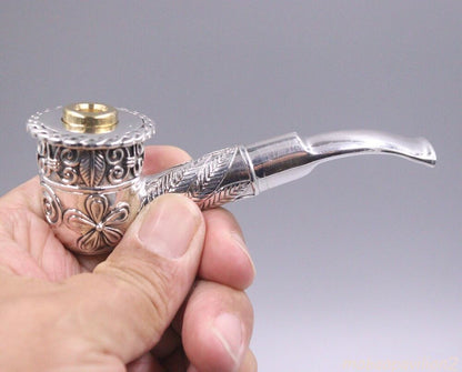 Silver Tobacco Pipe Men Carved Flower Leaf Pattern Pipe 88g