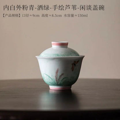 150ml Pure Hand-painted Reed Ceramic Gaiwan Tea Bowl Saucer Lid Kit Tea Tureen