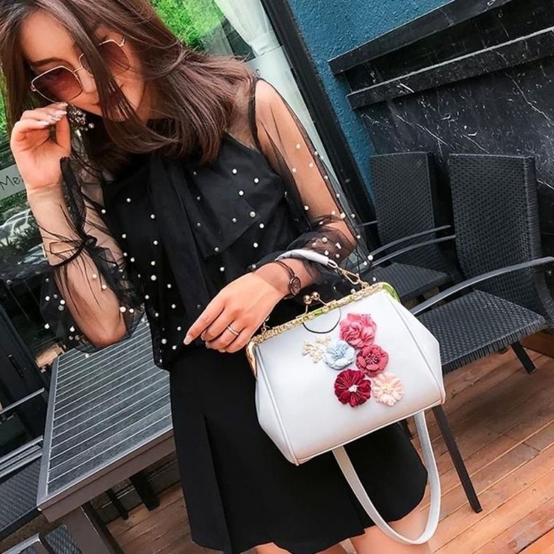 Vintage Flowers Two Straps Shell Lock Bag Synthetic Leather Tote Handbag Purses