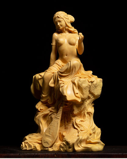 5" Chinese Boxwood Wood Hand-carved Girl Lady Women Pipa Boddhisattva Statue