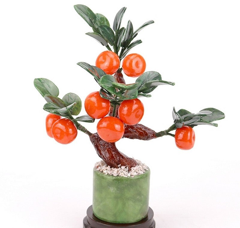 11.8" Jade Stone Tangerine Bonsai Tree Fruit Plant Feng Shui Decor
