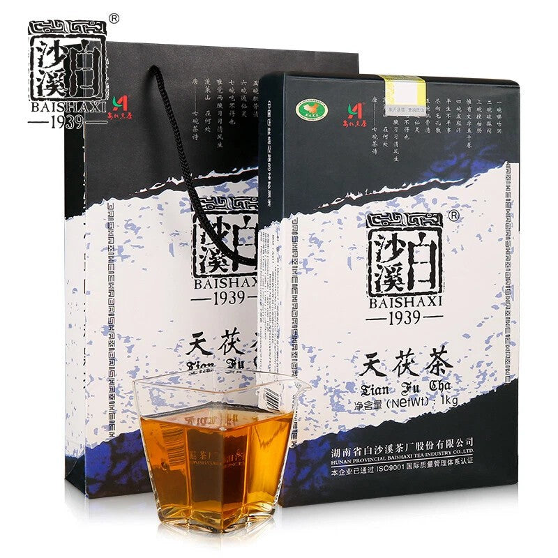 1000g TIAN FU CHA Anhua Baishaxi 1939 Dark Tea Black Tea Gold Flower Tea Brick