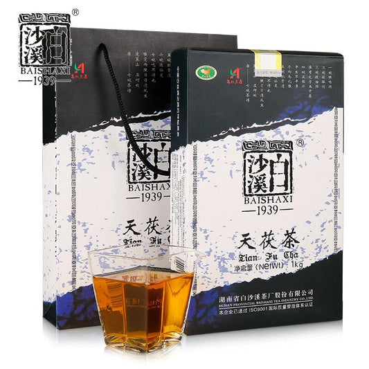 1000g TIAN FU CHA Anhua Baishaxi 1939 Dark Tea Black Tea Gold Flower Tea Brick