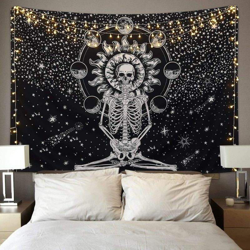 Psychedelic Tapestry White Black Sun Moon Mandala Wall Hanging Celestial Hippie