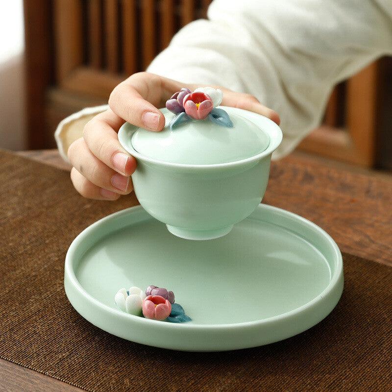 Hand-kneaded Flower Sancai Bowl Teacup Wine Ladies Gaiwan Wedding Tea Set Plate