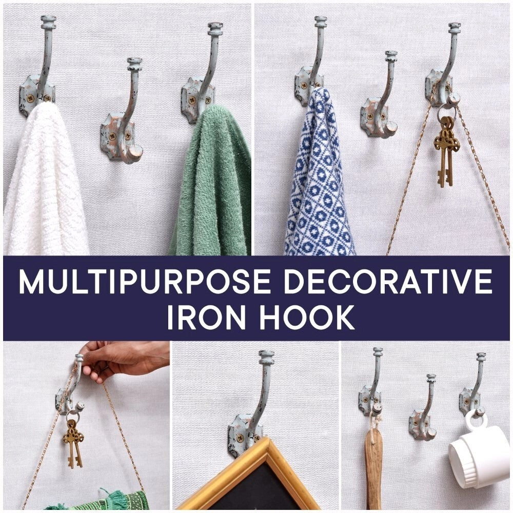Antique Iron Double Prong Set of 3 Wall Decorative Hook Coat Clothes Hat Hanger