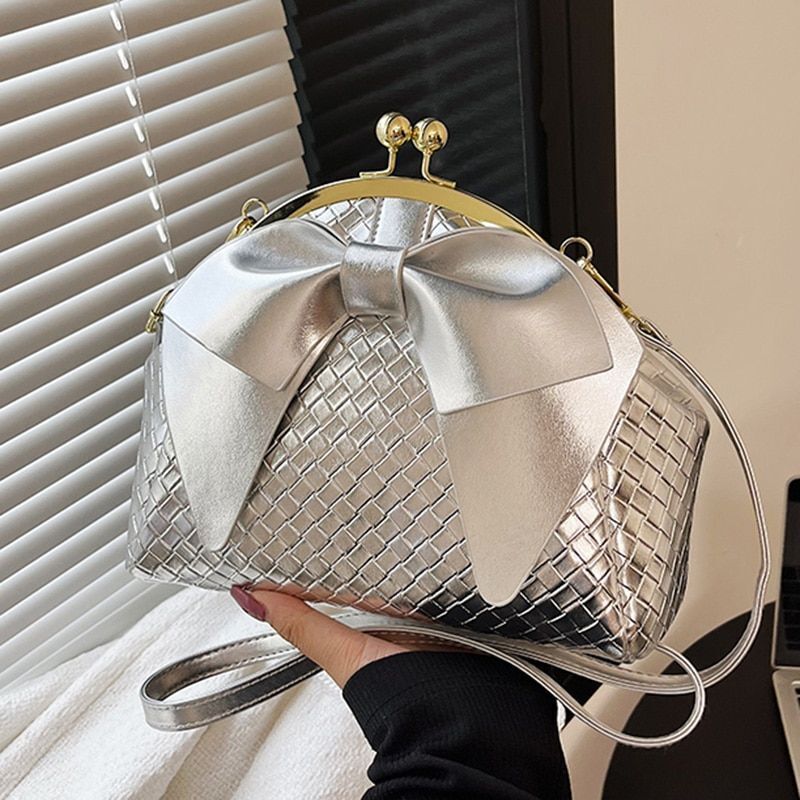 Gold/Silver Knots Shoulder Bag Weave Handbag Purse Evening Clutches Clip Pouch