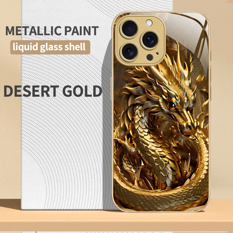 For iPhone 17 Pro Max/16/15 Plus/14 Metal Glass Painted Dragon Shockproof Case