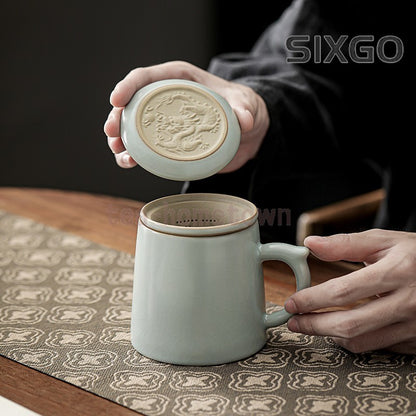 Azure Ru Kiln Ceramic Tea Cup Tea Separation with Lid Cup Tea Set