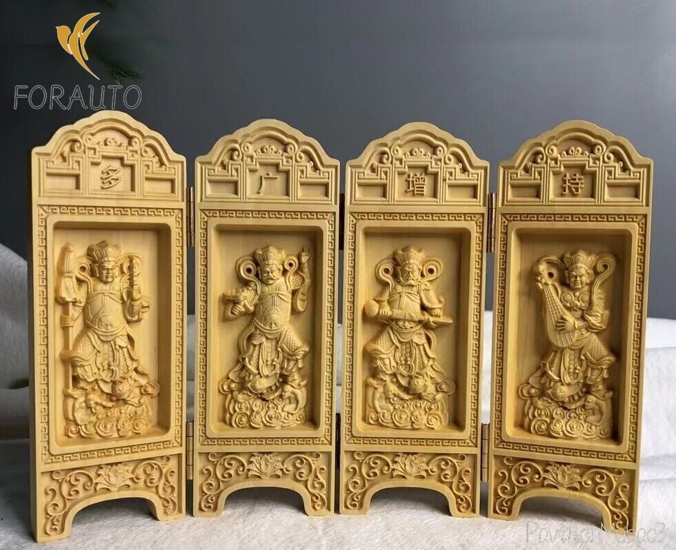 Boxwood Carving Four Tennos Folding Screen Panel Buddhist Decorative Shrine -