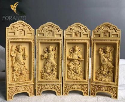 Boxwood Carving Four Tennos Folding Screen Panel Buddhist Decorative Shrine -