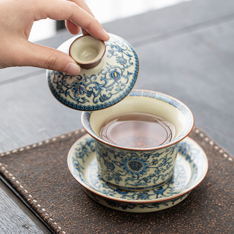 150ml Ru Kiln Blue White Porcelain Ceramics Gaiwan Teacup Retro Tea Set