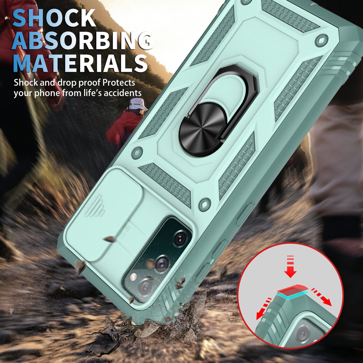 For Samsung Galaxy S20 FE 5G Stand Case + Camera Lens Slide Cover Tempered Glass